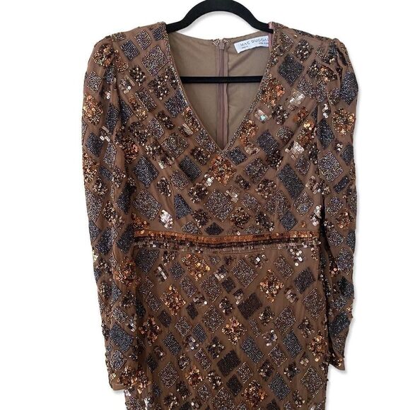 Mac Duggal Sz 4 Brown Chocolate Beaded Geometric Sheath Cocktail Evening Dress - Picture 6 of 12